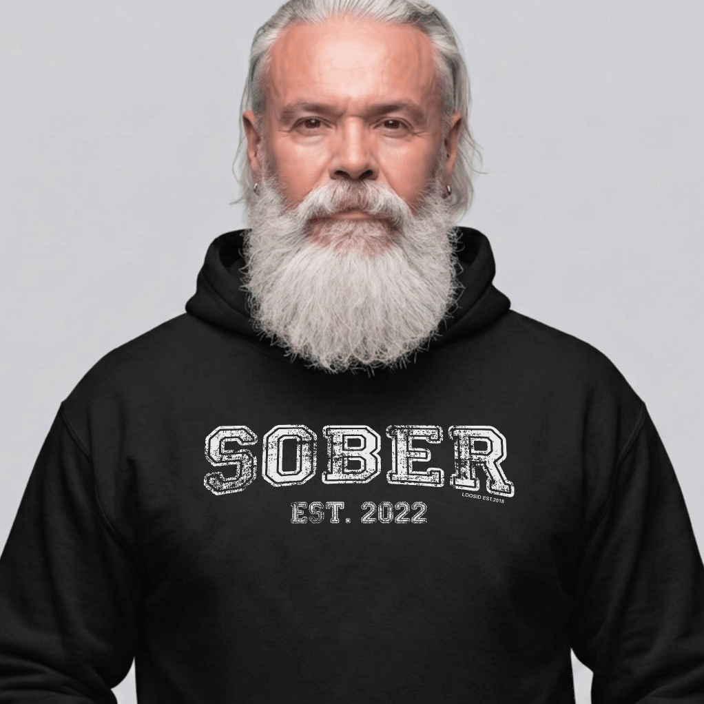 Sober Est. Hoodie w Personalized Sobriety Year Recovery Hoodie close-up view (view 2)