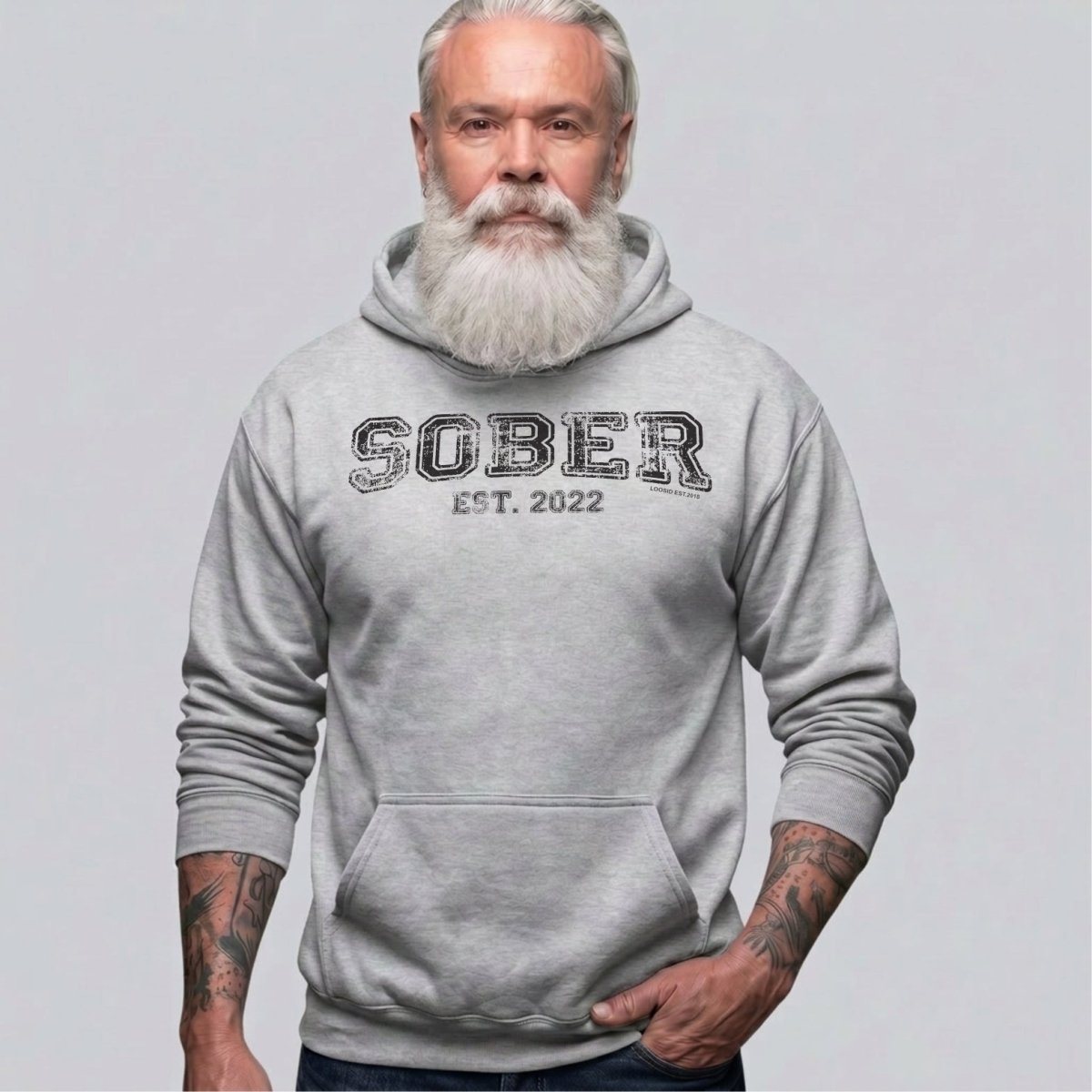 Sober Est. Hoodie w Personalized Sobriety Year Recovery Hoodie close-up view (view 22)