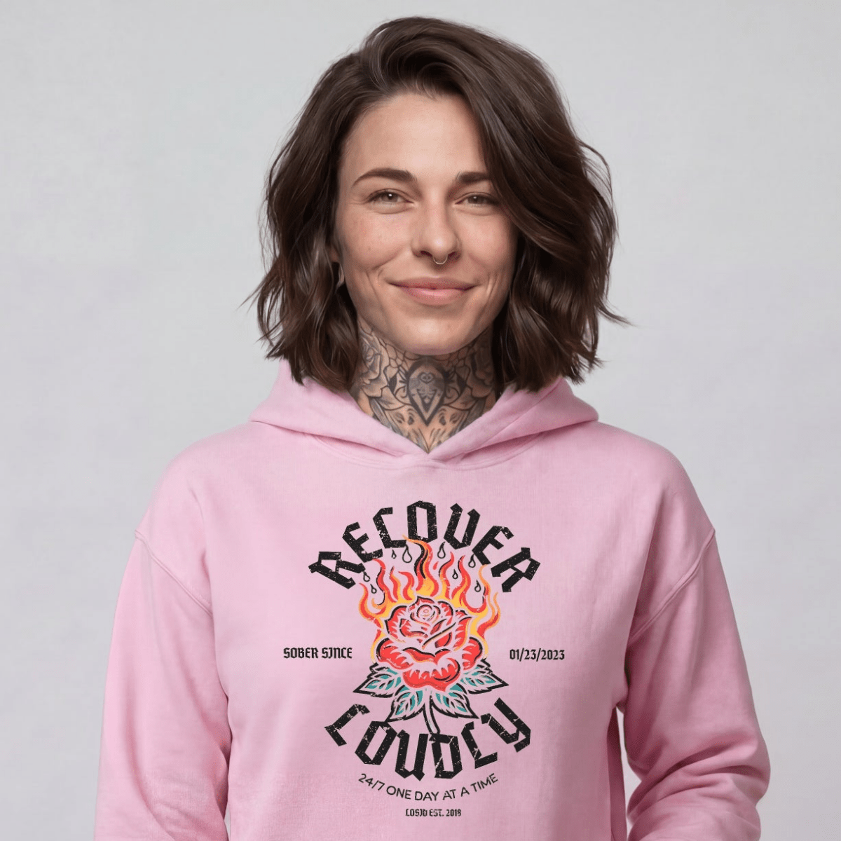 Recover Loudly Women's Custom Sobriety Date Recovery Hoodie featuring the design (view 31)