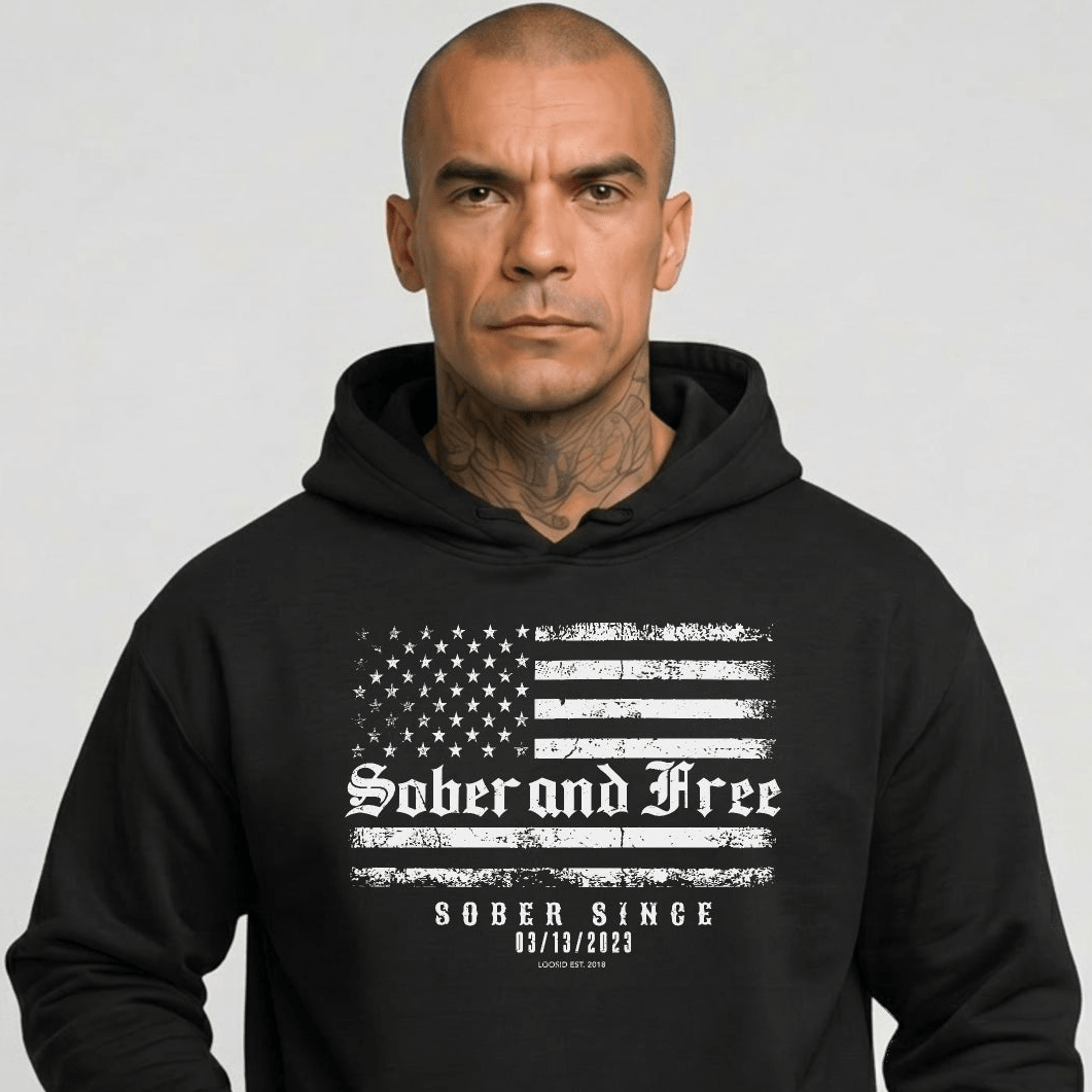 Sober and Free Custom Sobriety Date Recovery Hoodie close-up view (view 2)