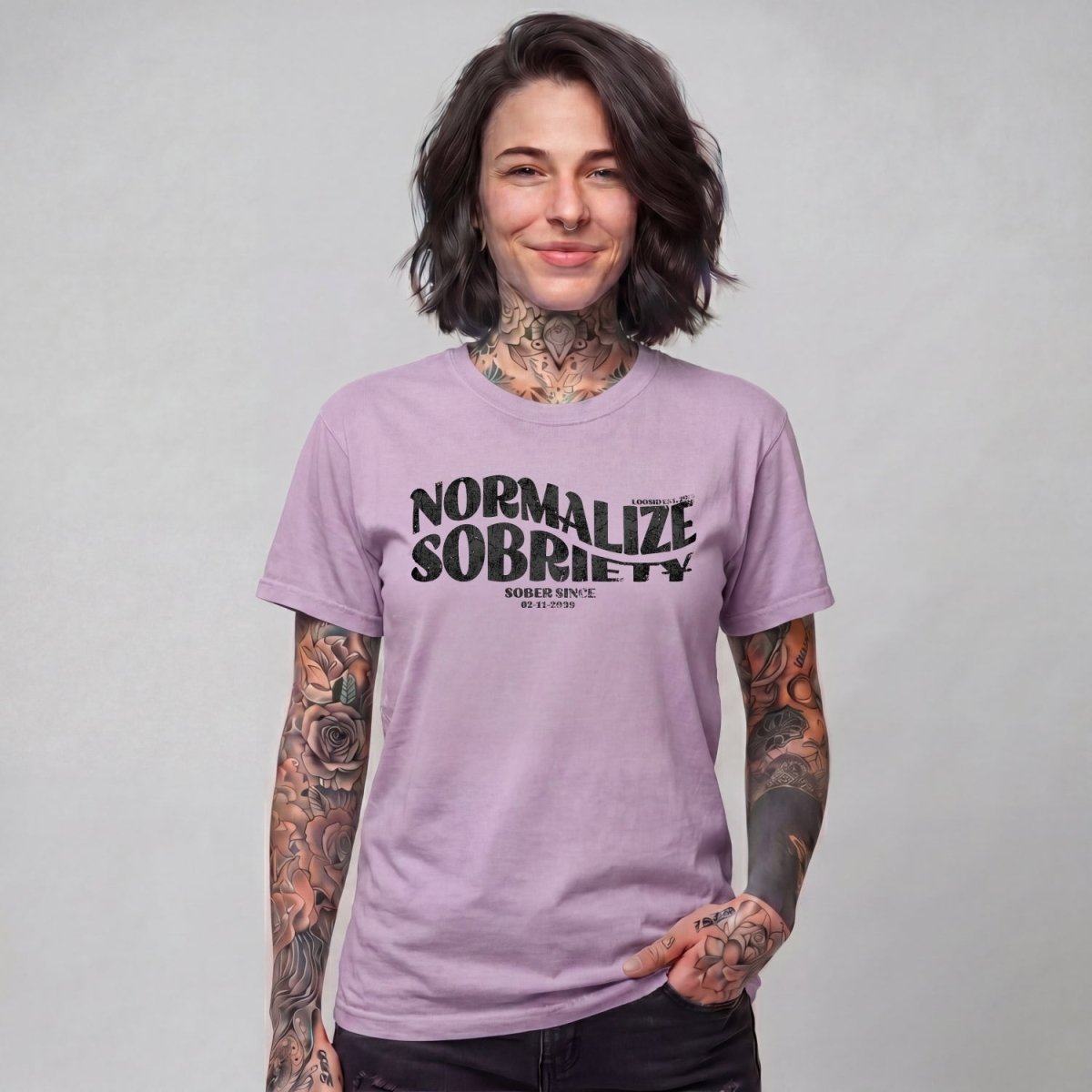 Normalize Sobriety Women garment dyed Sober T Shirt lifestyle view (view 25)