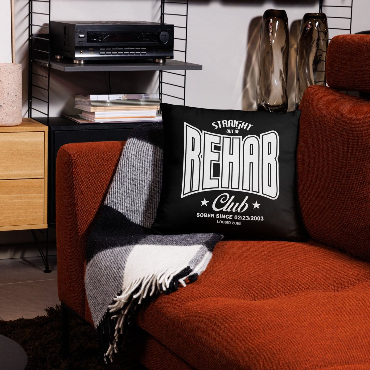 Rehab Sober Pillow flat lay styled image (view 3)