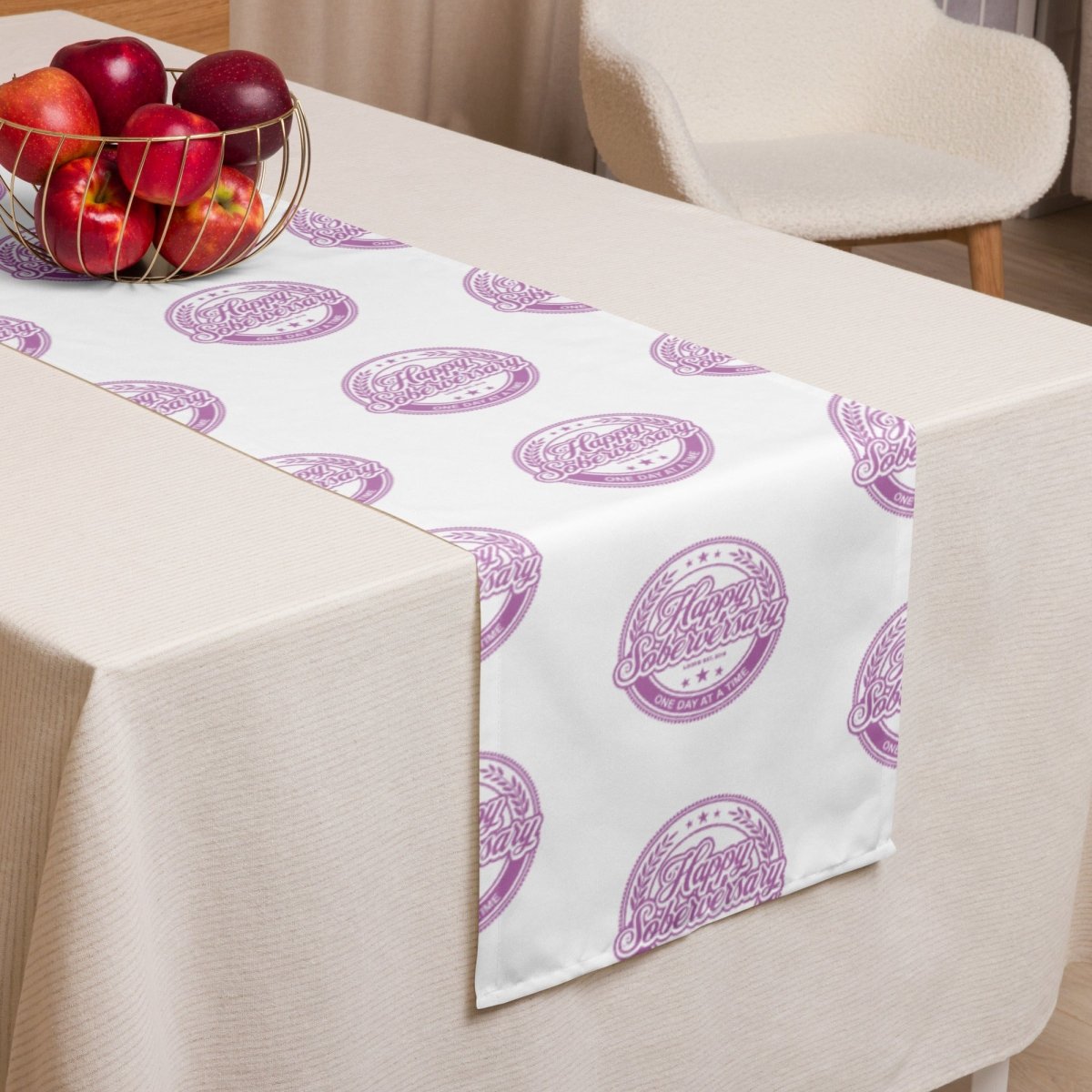 Loosid Pink Happy Soberversary Table Runner Sobriety Gift featuring the design