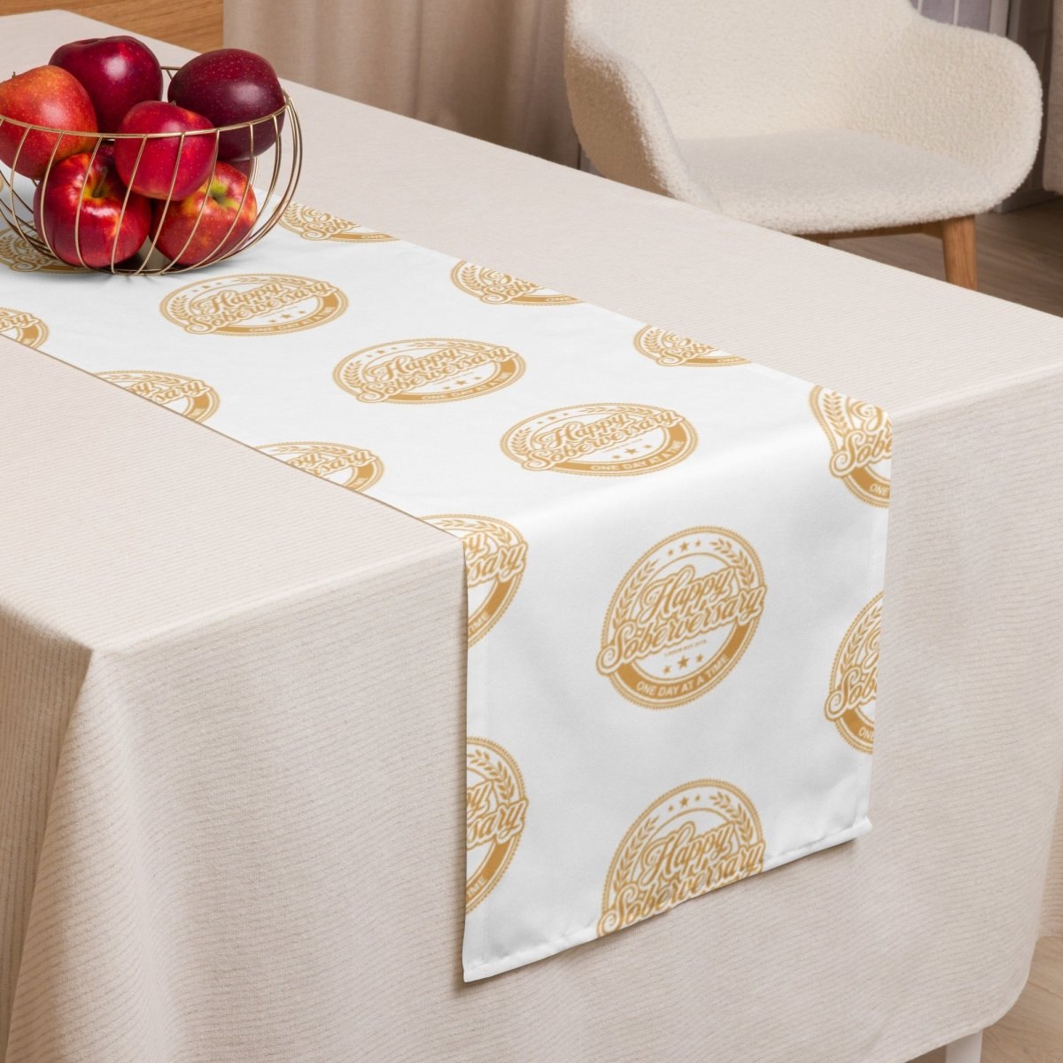 Loosid White Happy Soberversary Table runner Sobriety Gift featuring the design