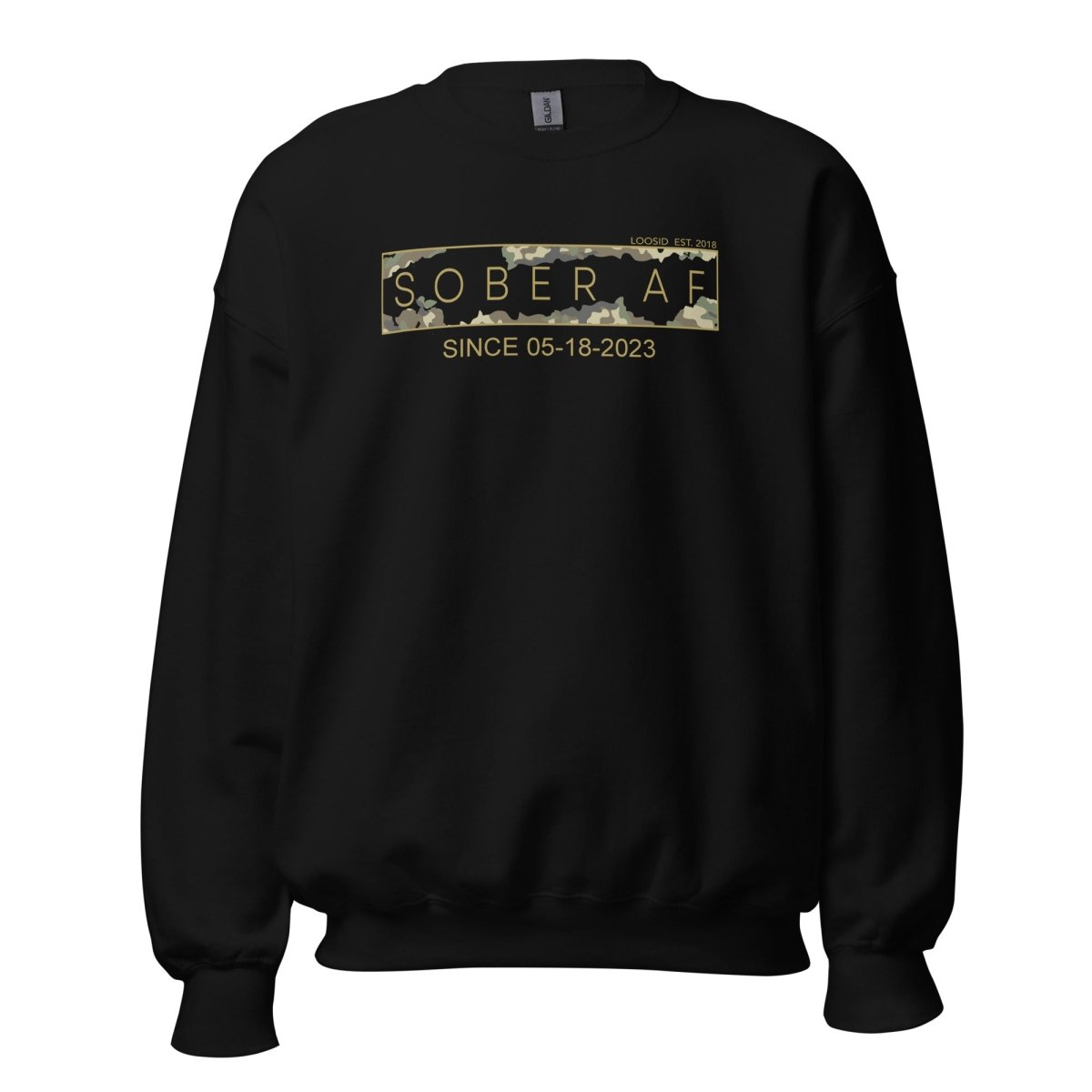 Sober AF Camo Recovery Hoodie flat lay styled image (view 3)