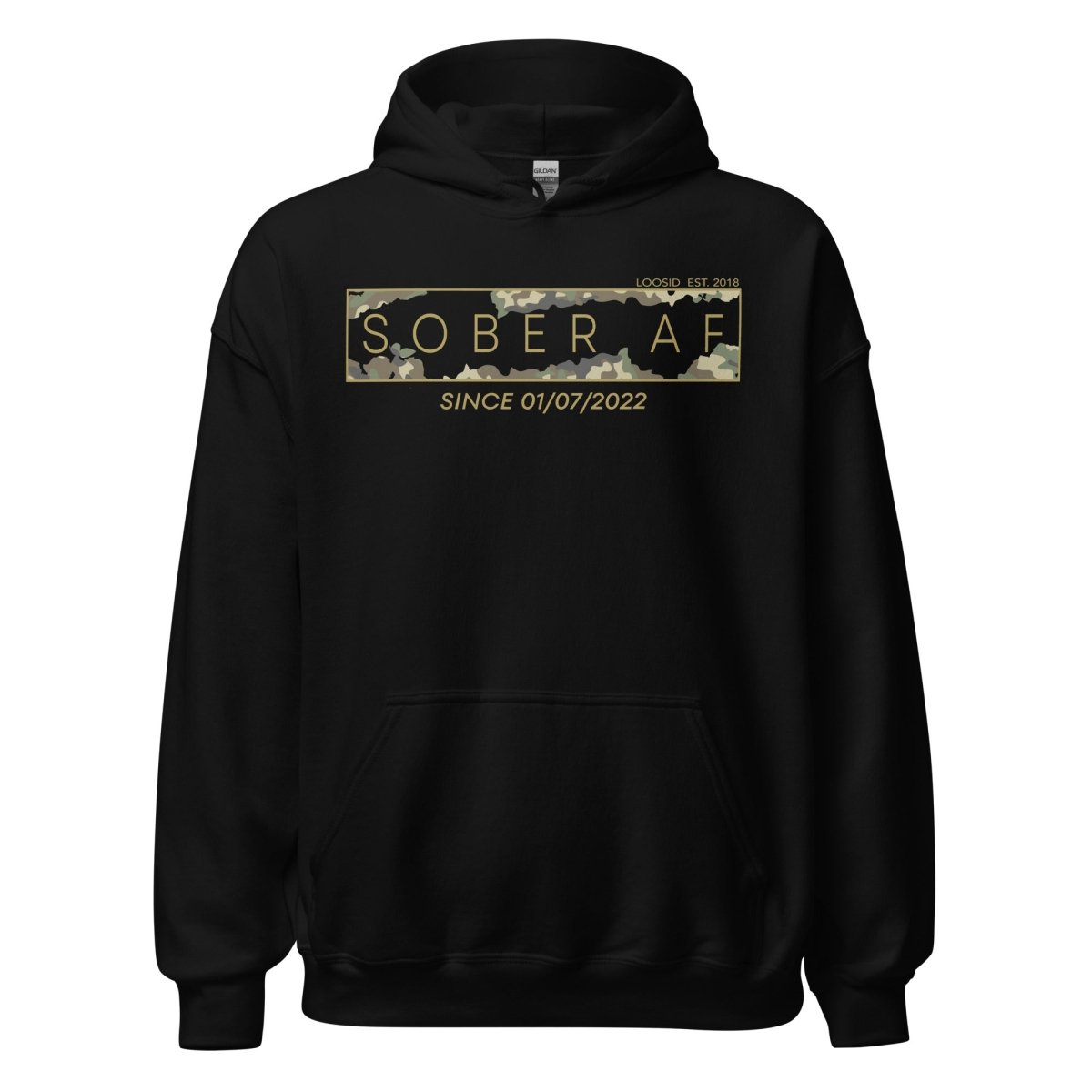 Sober AF Camo Recovery Hoodie flat lay styled image (view 3)