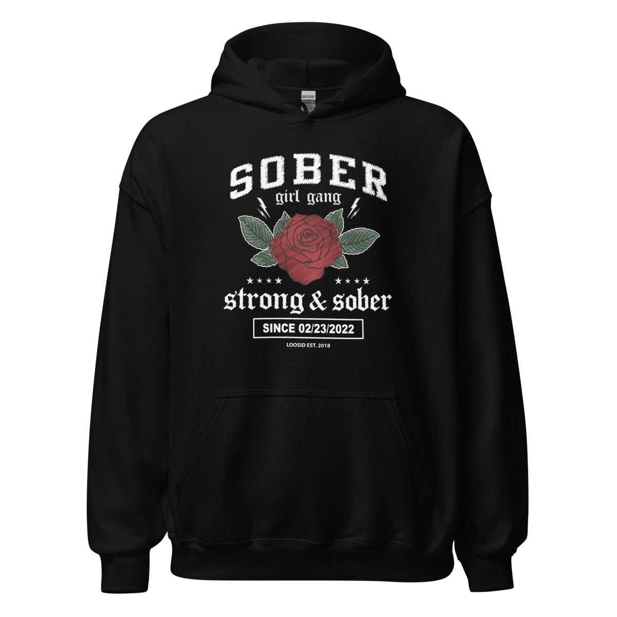 Sober Girl Gang Strong & Sober Crest Recovery Hoodie flat lay styled image (view 3)