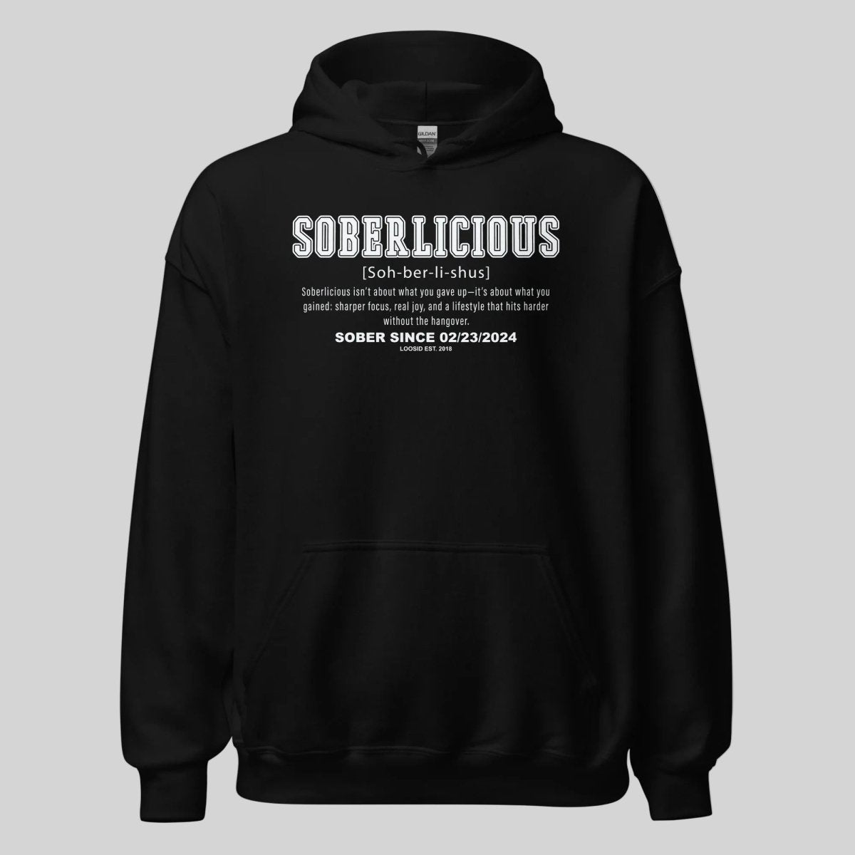 Soberlicious Definition Hoodie w Custom Sobriety Date Recovery Hoodie graphic detail (view 4)