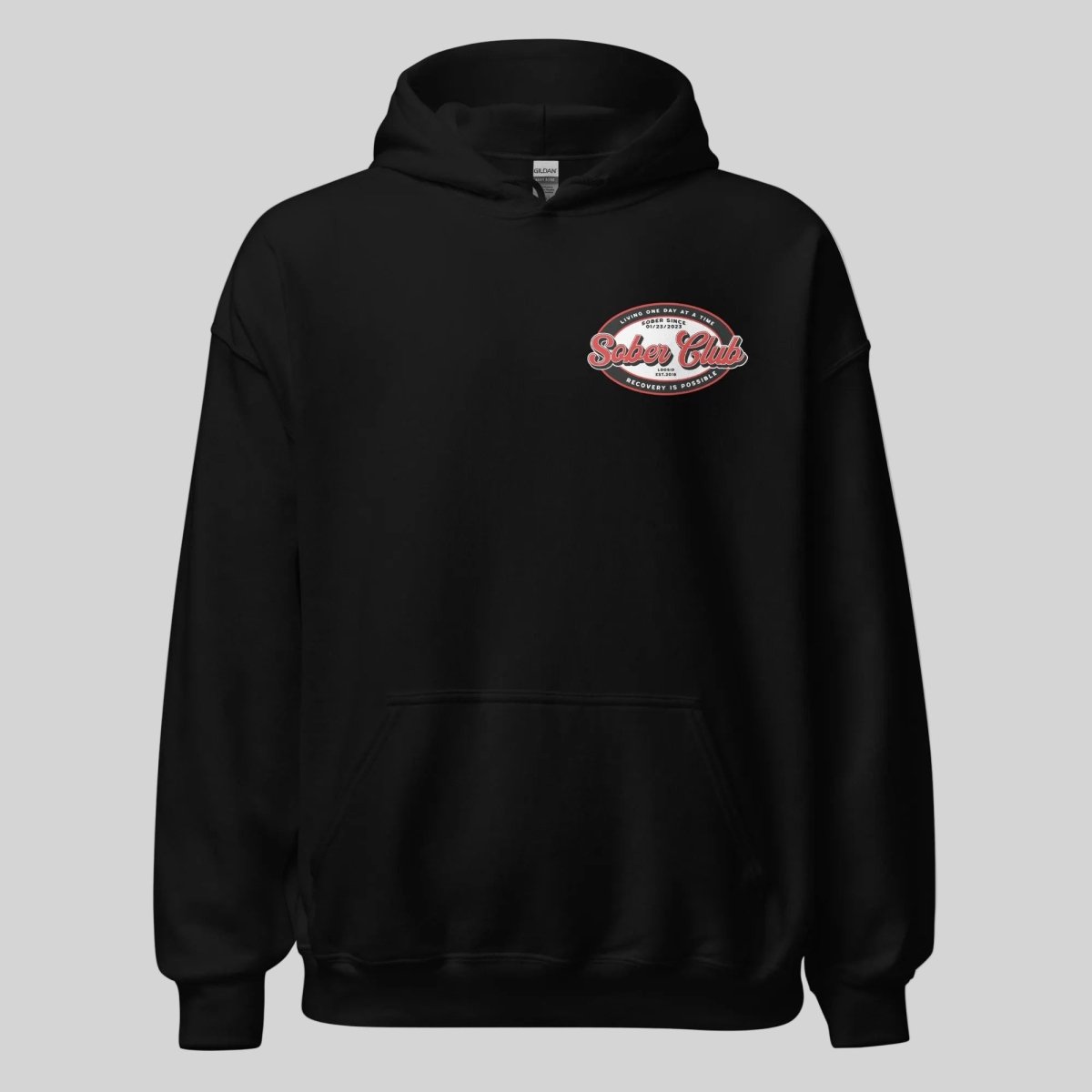 Sober Club Badge Recovery Hoodie flat lay styled image (view 3)