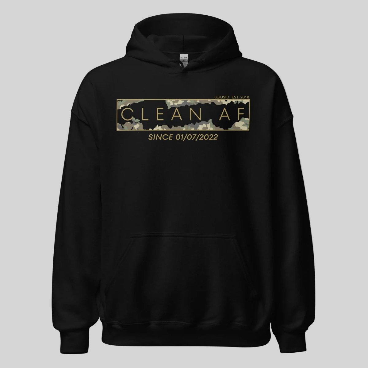 Clean AF Camo Recovery Hoodie flat lay styled image (view 3)