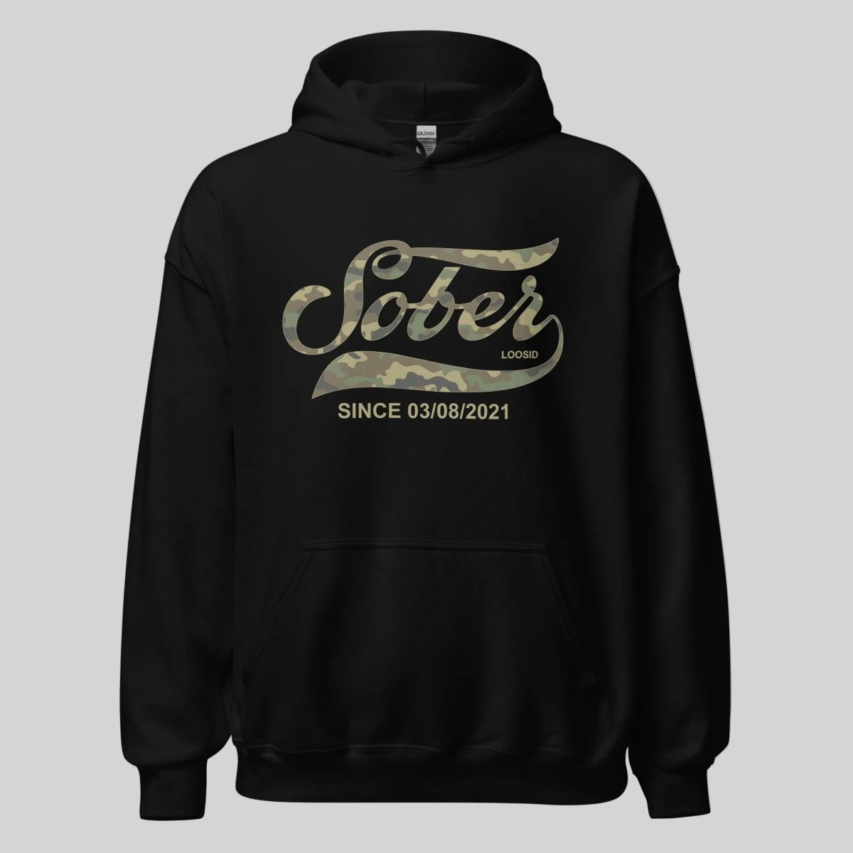 Sober Since Camo Recovery Hoodie close-up view (view 2)
