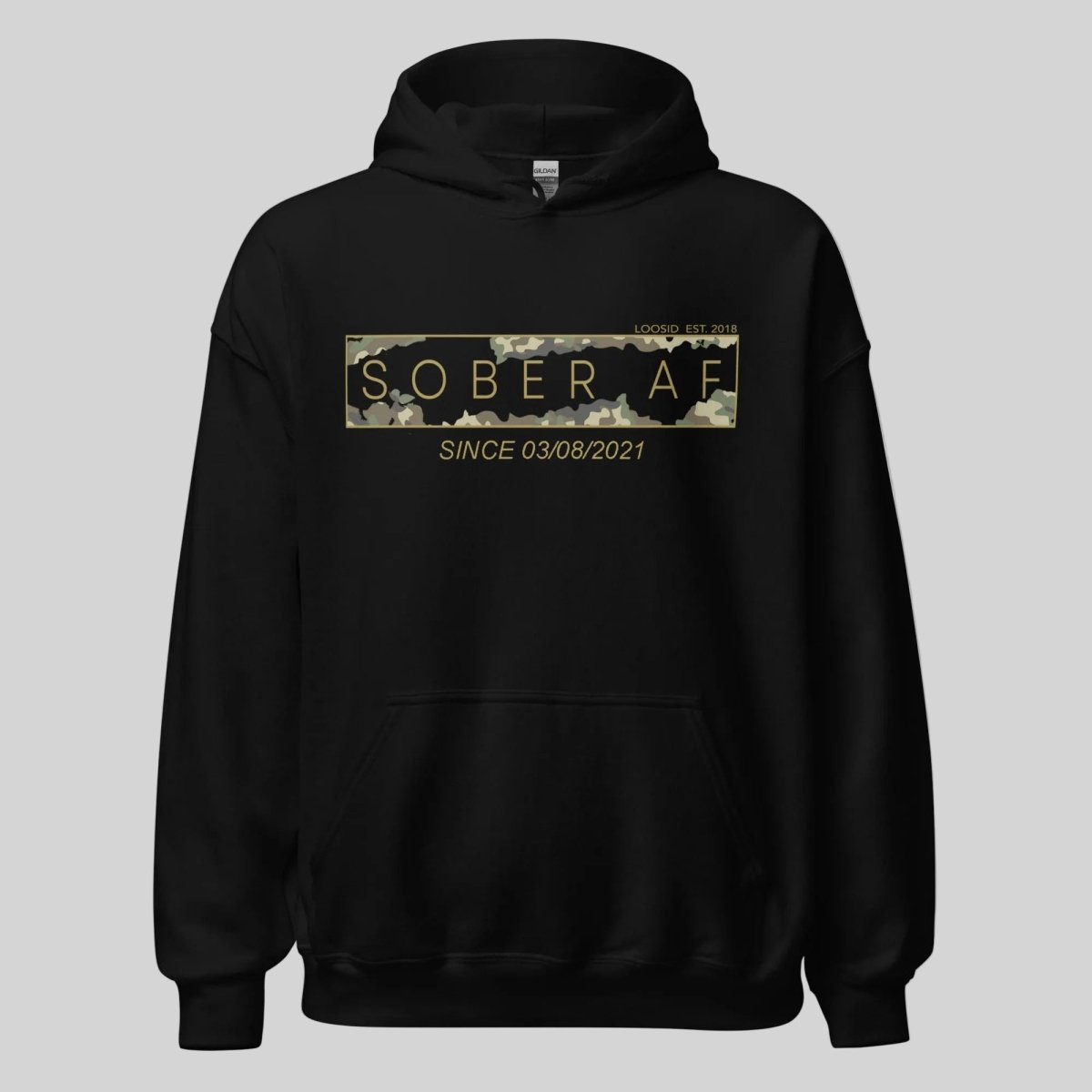 Sober AF Camo Recovery Hoodie close-up view (view 2)