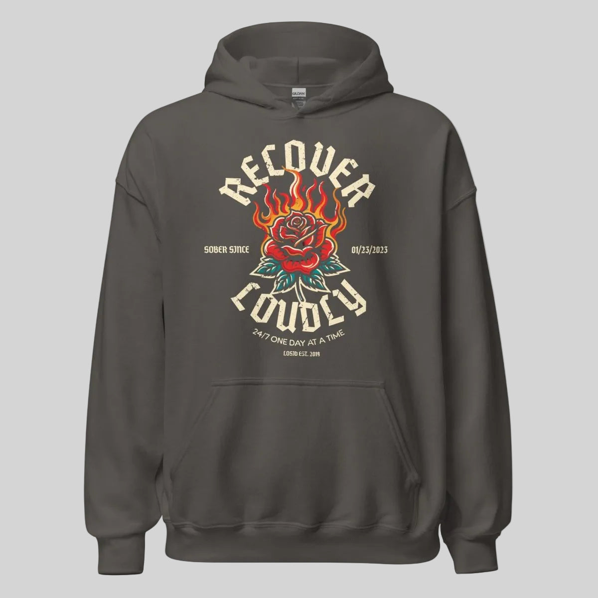 Recover Loudly Custom Sobriety Date Recovery Hoodie close-up view (view 2)