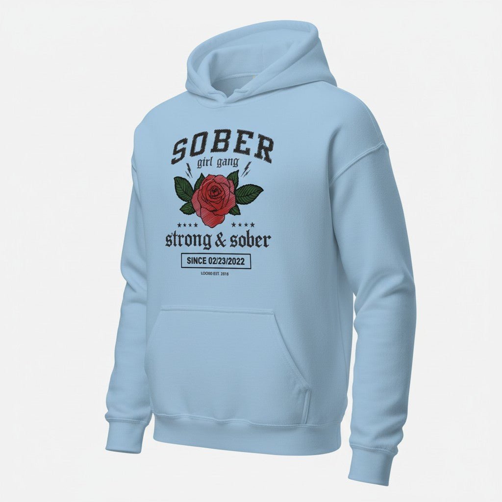 Sober Girl Gang Strong & Sober Crest Recovery Hoodie close-up view (view 52)
