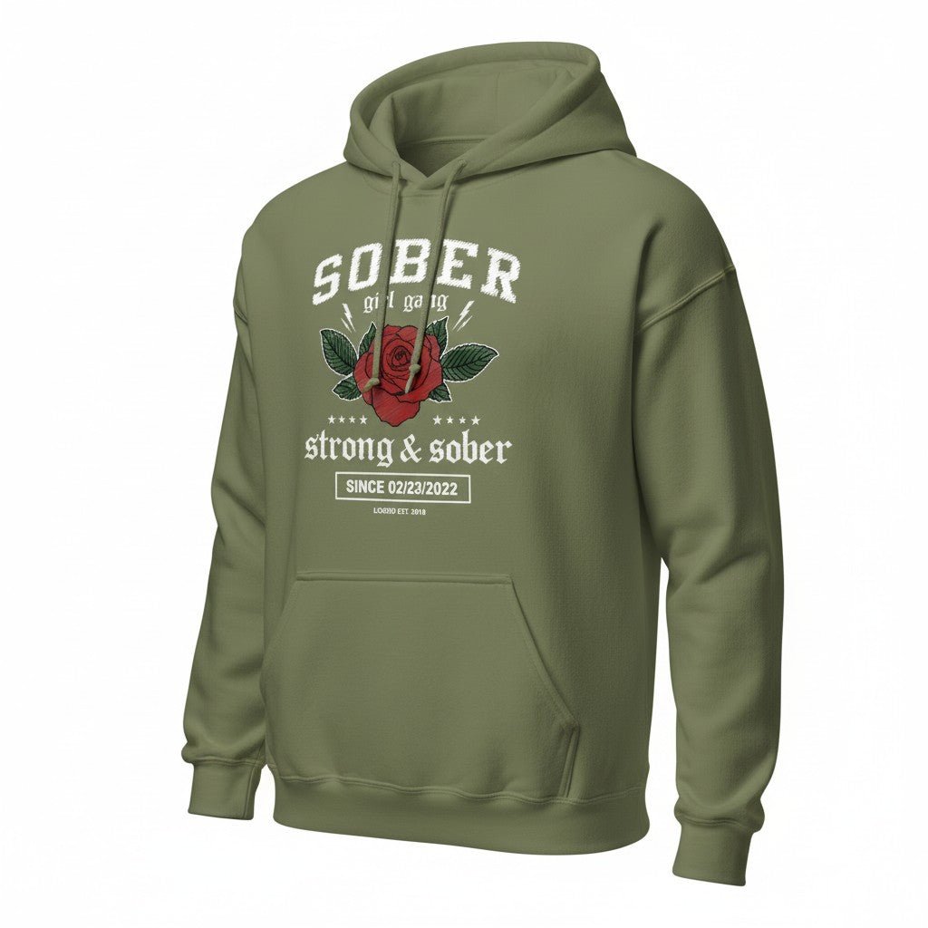 Sober Girl Gang Strong & Sober Crest Recovery Hoodie back view (view 47)