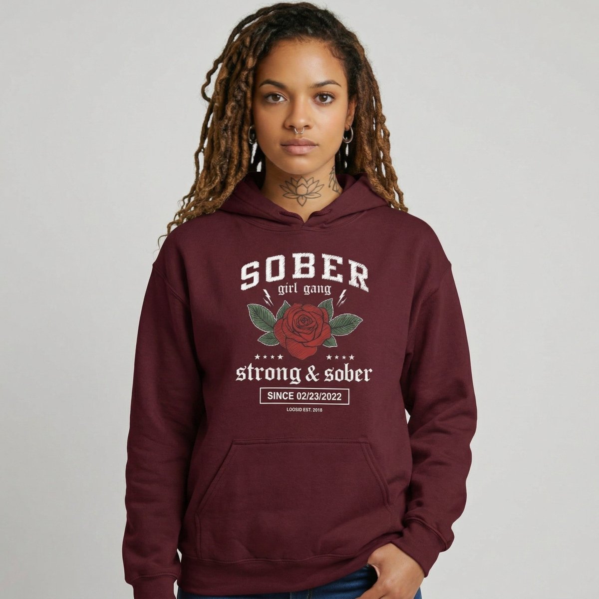 Sober Girl Gang Strong & Sober Crest Recovery Hoodie fit detail (view 39)