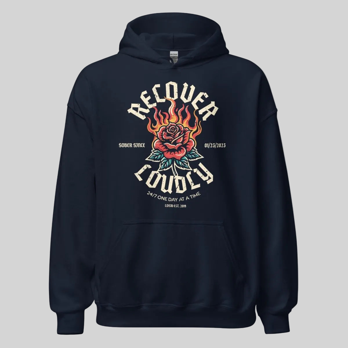 Recover Loudly Custom Sobriety Date Recovery Hoodie close-up view (view 12)