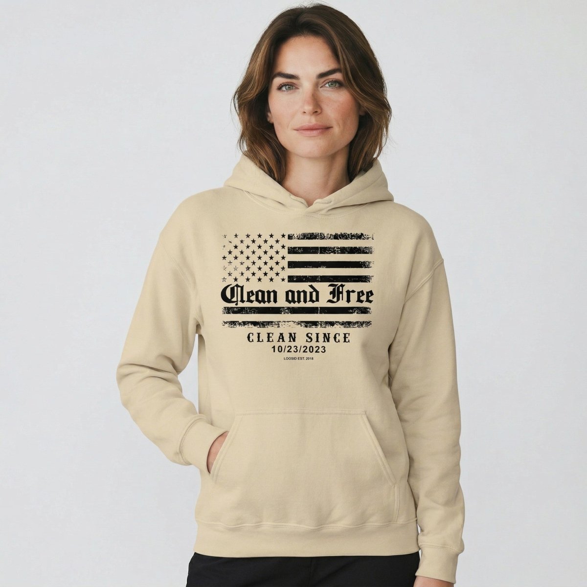 Clean and Free Custom Recovery Date Recovery Hoodie flat lay styled image (view 23)