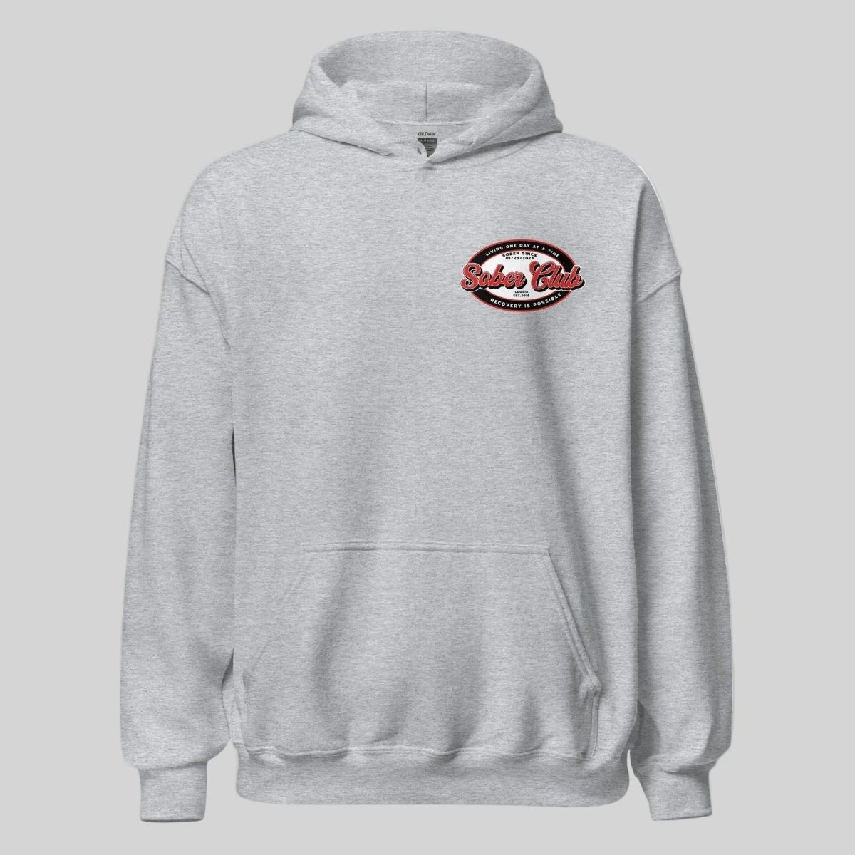 Sober Club Badge Recovery Hoodie flat lay styled image (view 13)