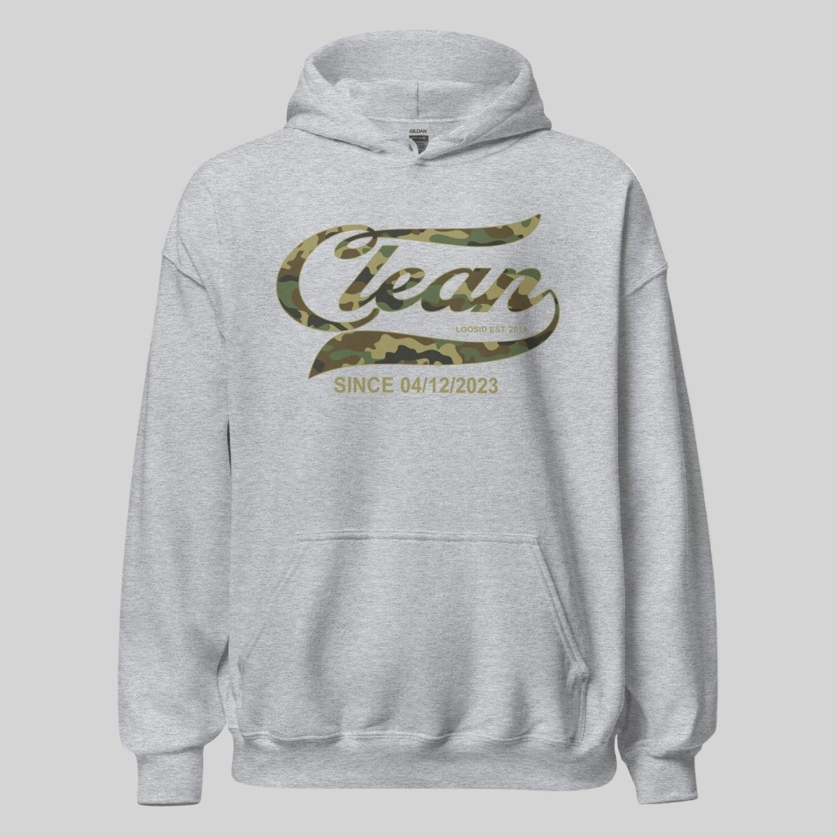 Clean Since Camo Recovery Hoodie flat lay styled image (view 3)