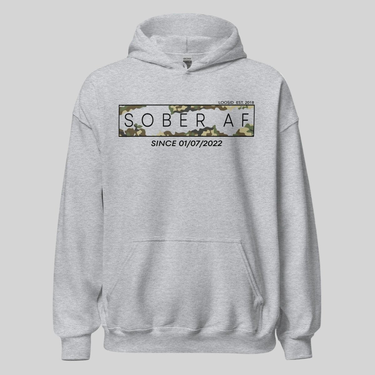 Sober AF Camo Recovery Hoodie close-up view (view 22)