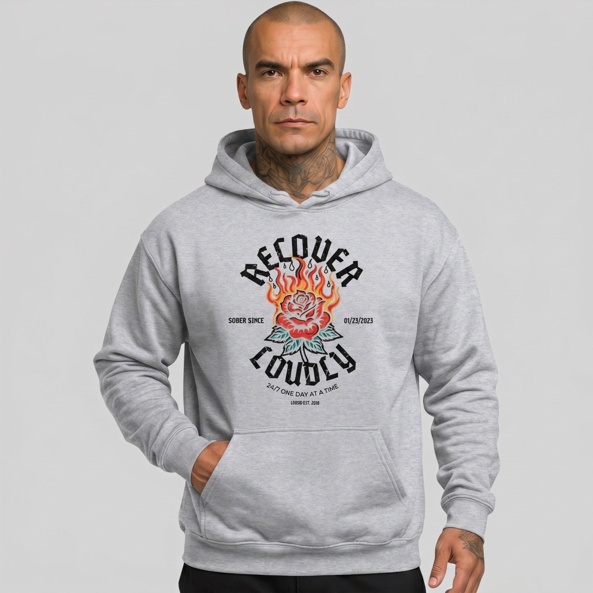 Recover Loudly Custom Sobriety Date Recovery Hoodie flat lay styled image (view 43)