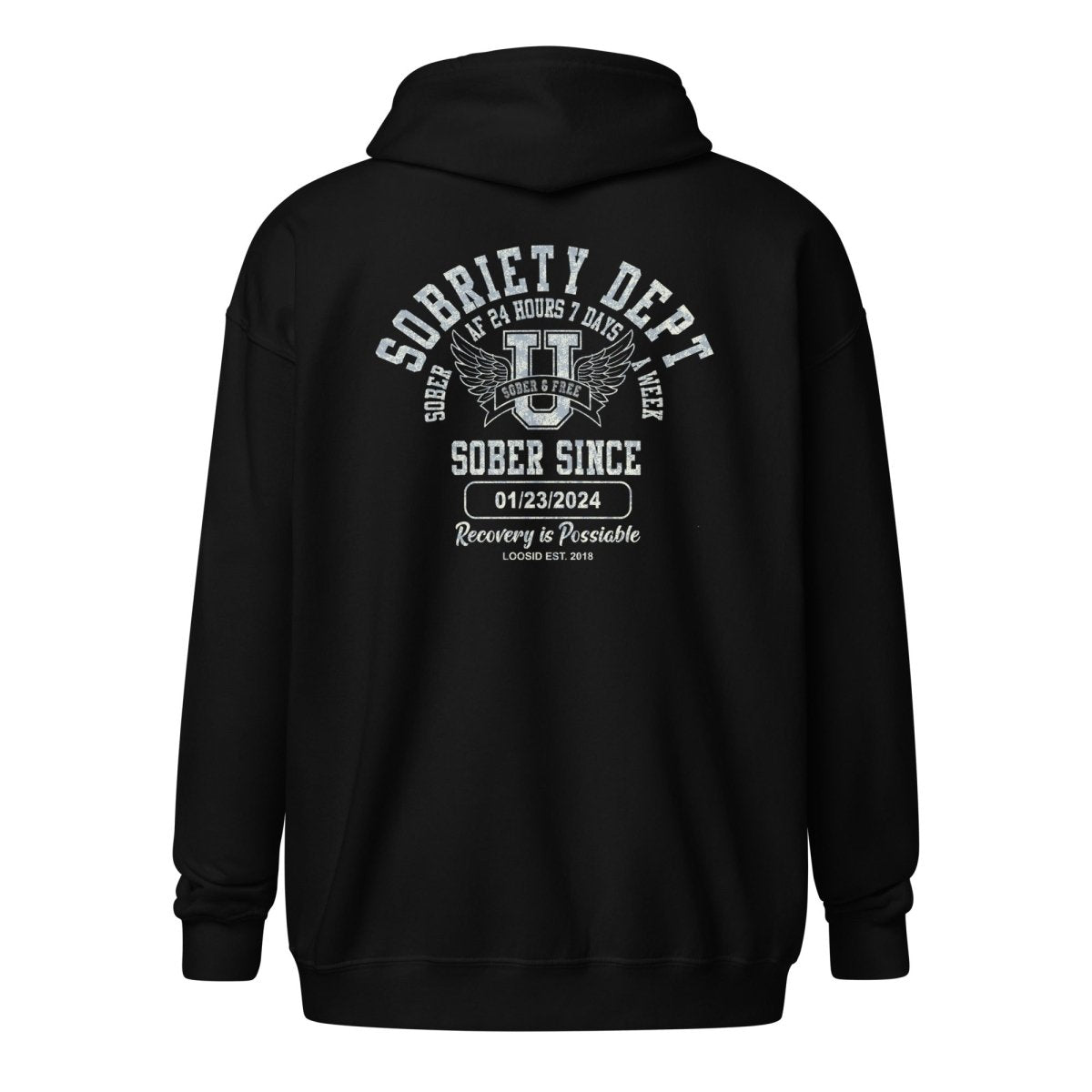 Sobriety Dept Zip Recovery Hoodie back view (view 7)