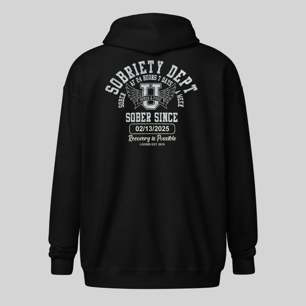 Sobriety Dept Zip Recovery Hoodie flat lay styled image (view 13)