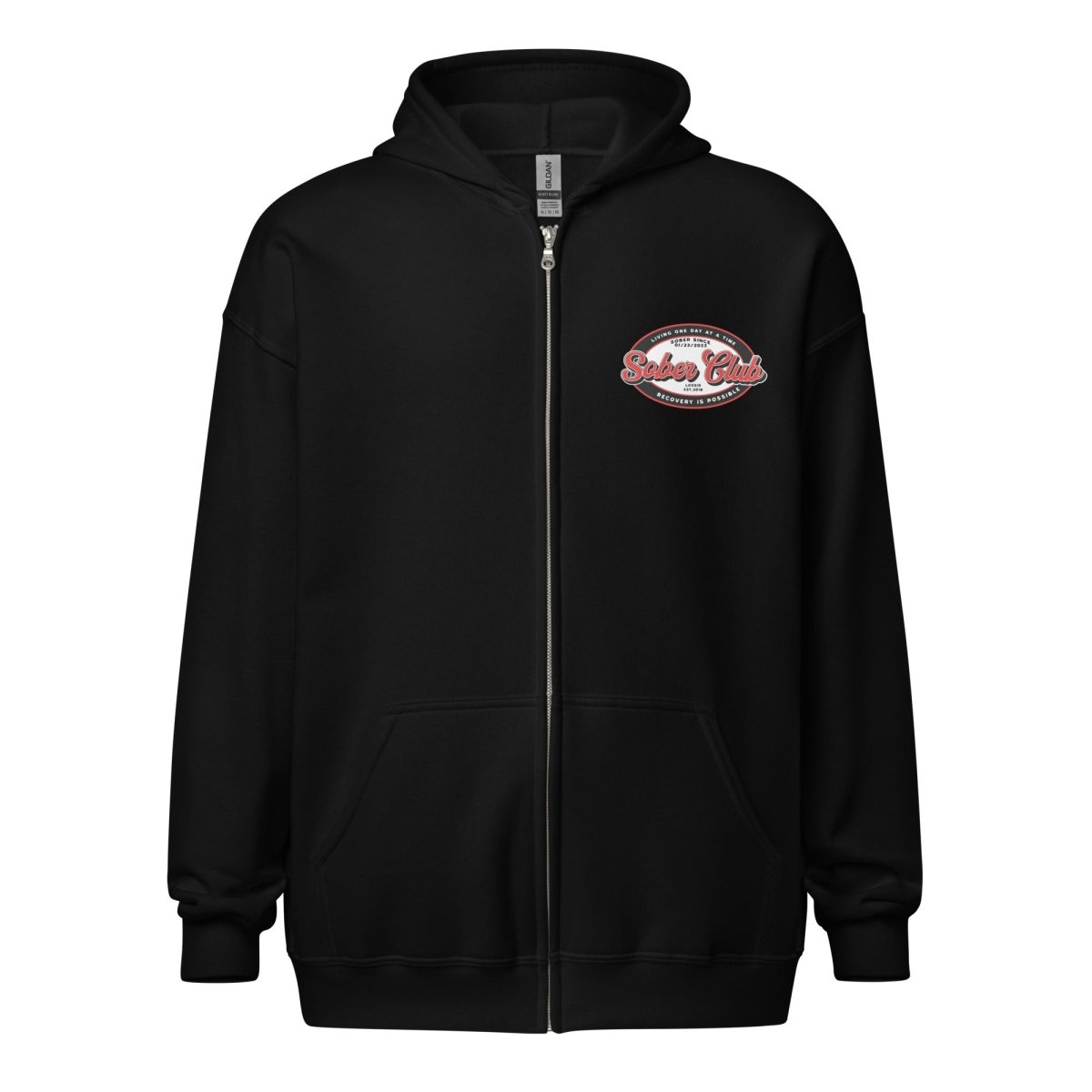 Sober Club Badge Unisex Zip Recovery Hoodie flat lay styled image (view 3)