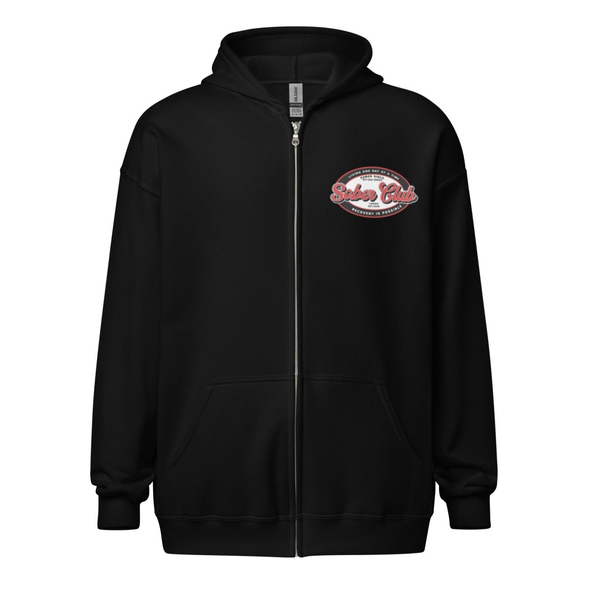 Sober Club Badge Left Chest Print Unisex Zip Recovery Hoodie close-up view (view 2)