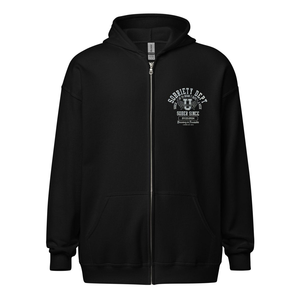 Sobriety Dept Unisex Zip Recovery Hoodie flat lay styled image (view 3)