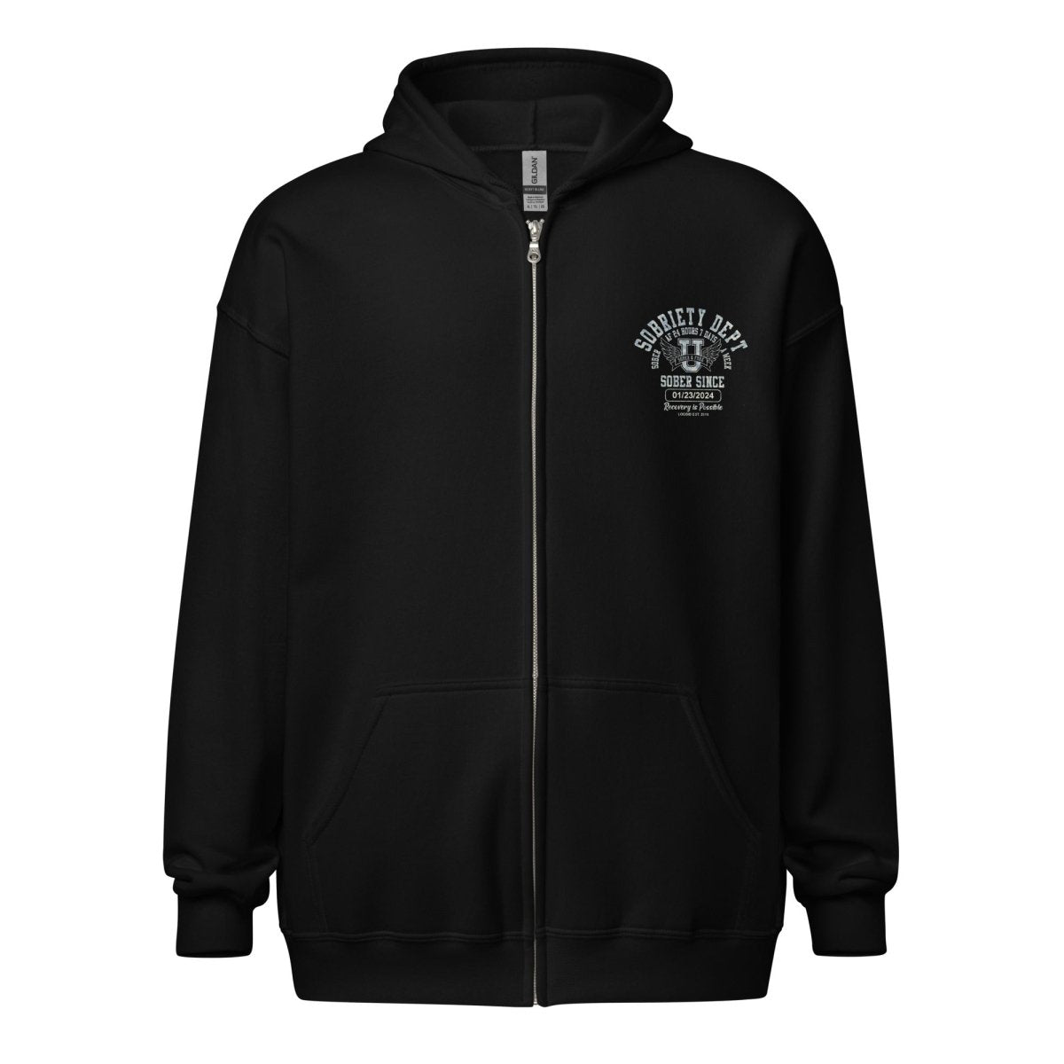 Sobriety Dept Zip Recovery Hoodie flat lay styled image (view 3)