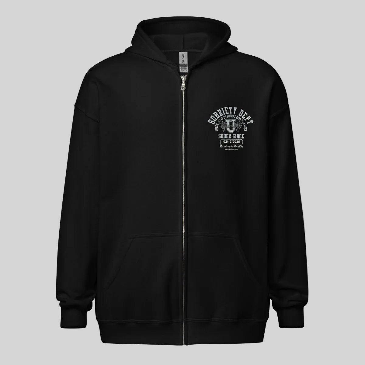 Sobriety Dept Zip Recovery Hoodie fit detail (view 9)