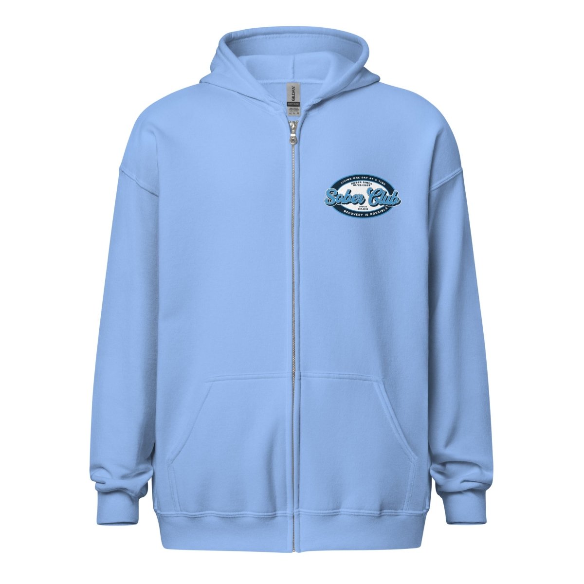 Sober Club Badge Left Chest Print Unisex Zip Recovery Hoodie flat lay styled image (view 23)