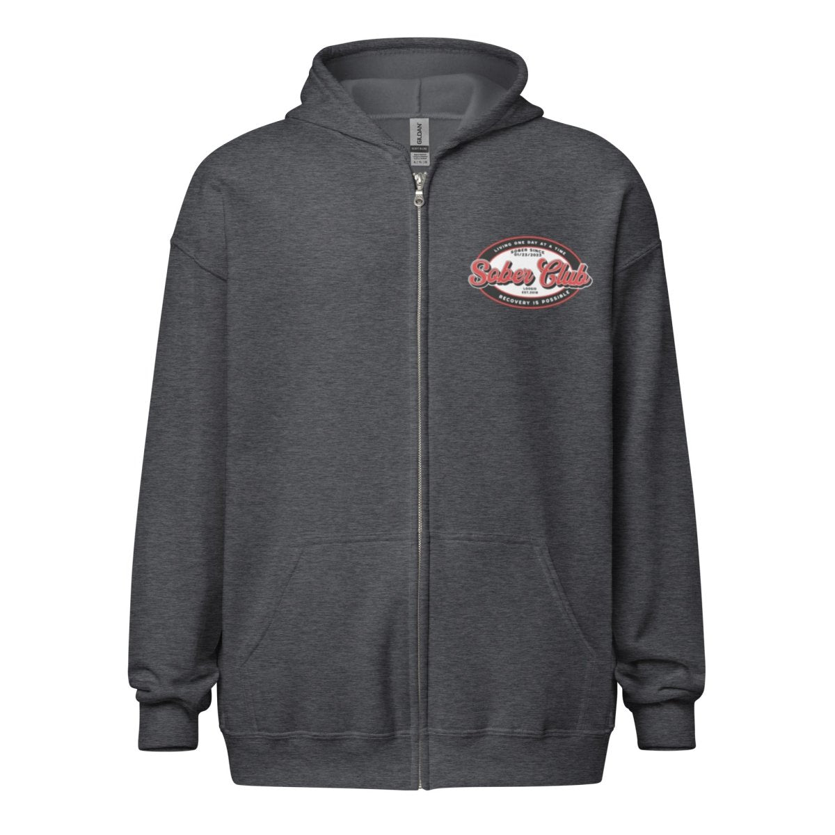 Sober Club Badge Left Chest Print Unisex Zip Recovery Hoodie fit detail (view 9)