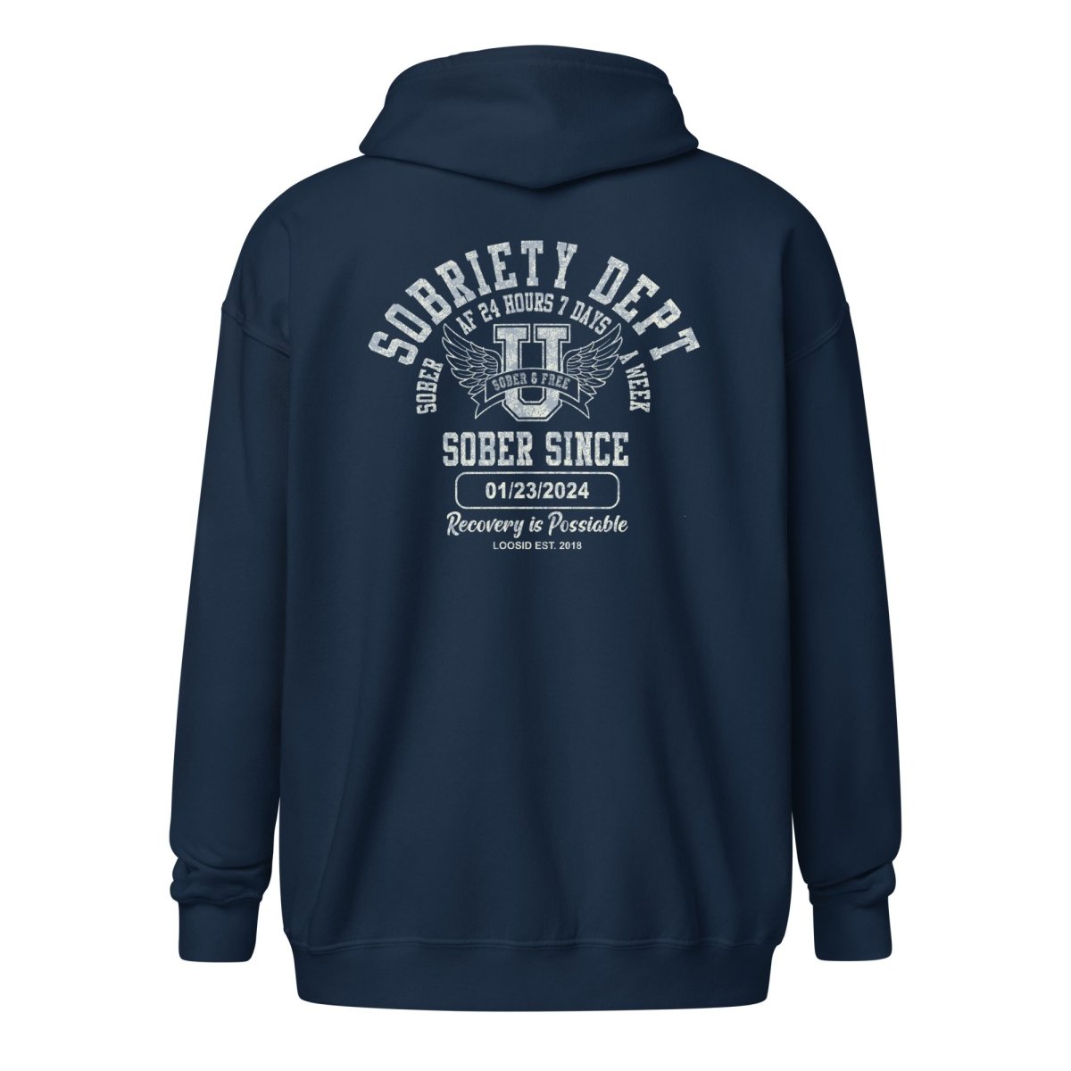 Sobriety Dept Zip Recovery Hoodie flat lay styled image (view 13)