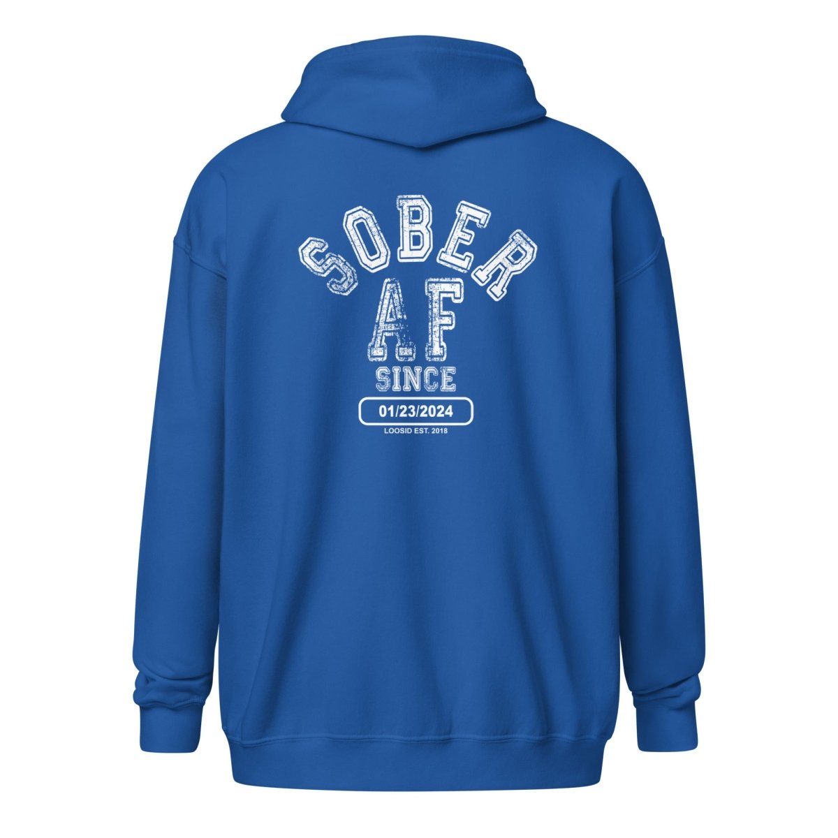 Sober AF Since Unisex Zip Recovery Hoodie flat lay styled image (view 13)