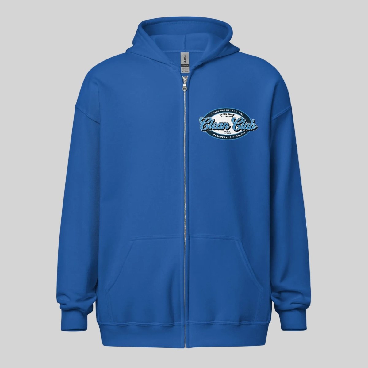 Clean Club Badge Left Chest Print Unisex Zip Recovery Hoodie flat lay styled image (view 23)