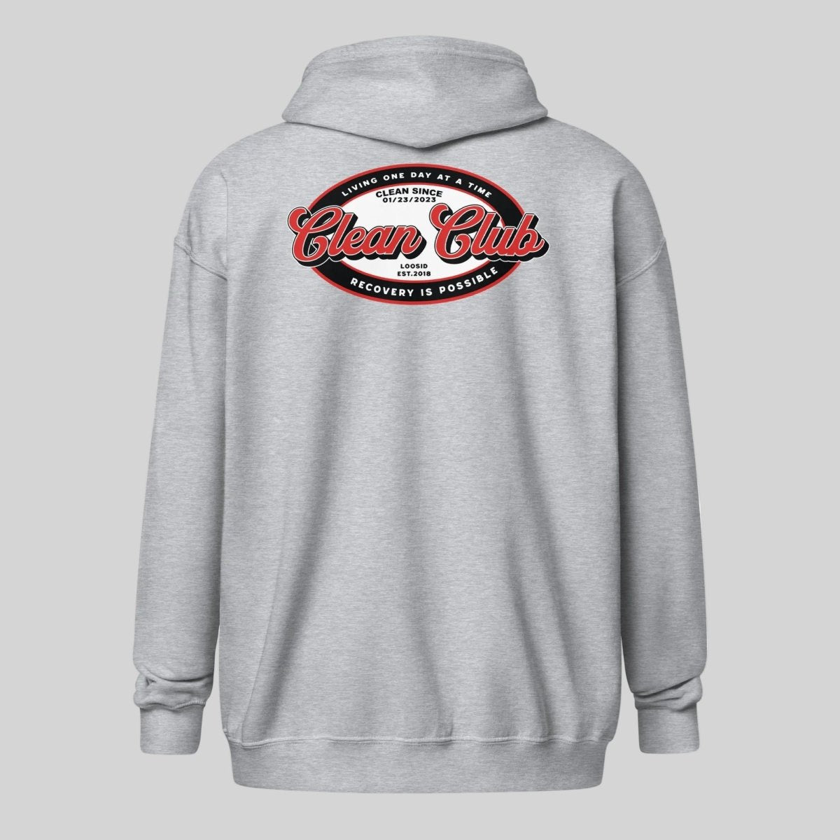 Clean Club Badge Left Chest Print Unisex Zip Recovery Hoodie flat lay styled image (view 13)