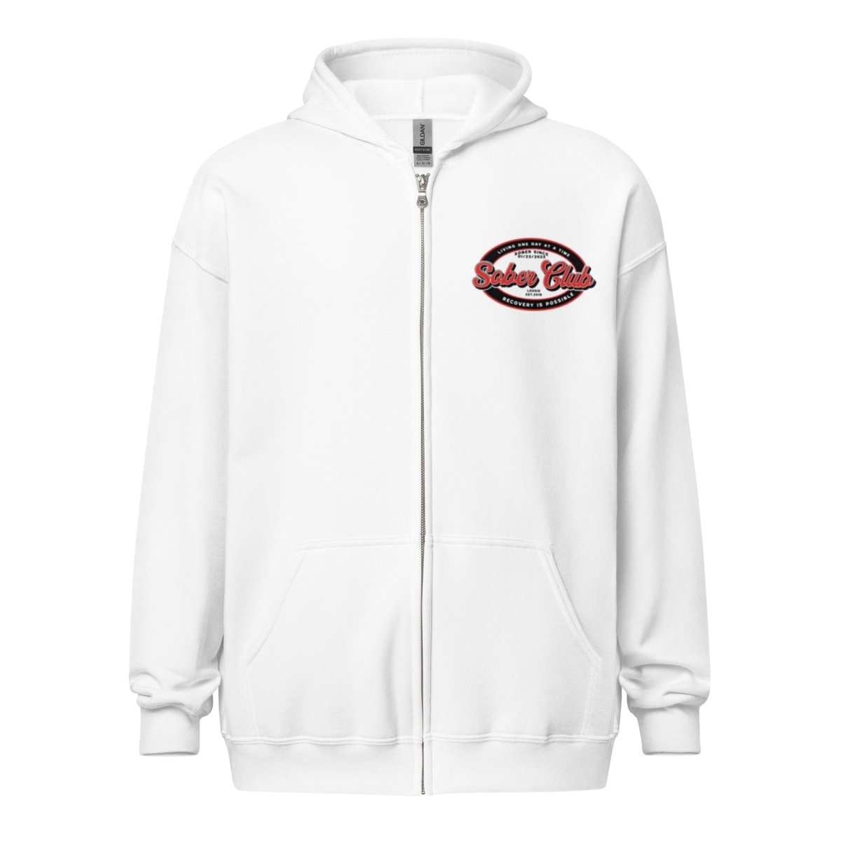 Sober Club Badge Left Chest Print Unisex Zip Recovery Hoodie flat lay styled image (view 23)