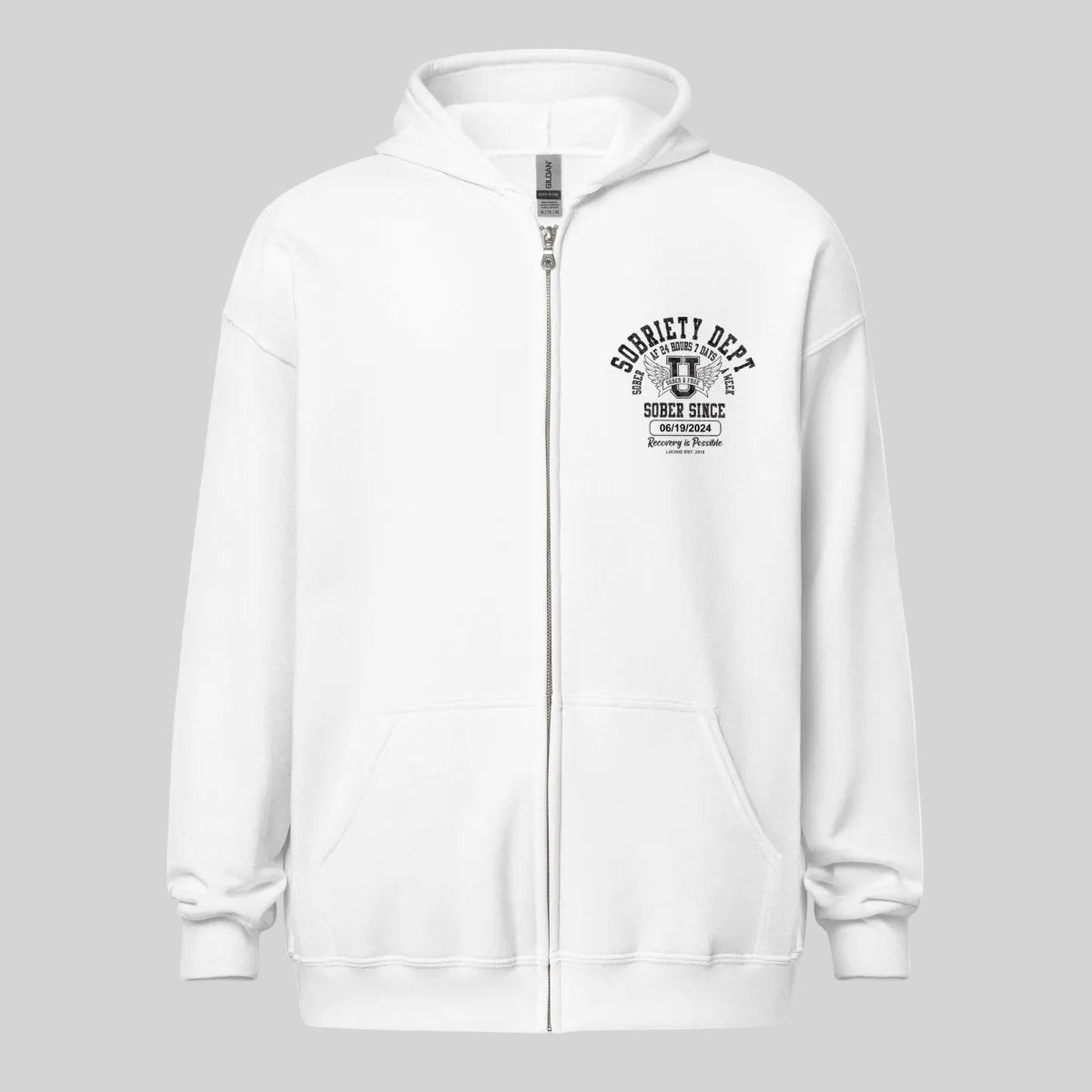 Sobriety Dept Zip Recovery Hoodie flat lay styled image (view 3)