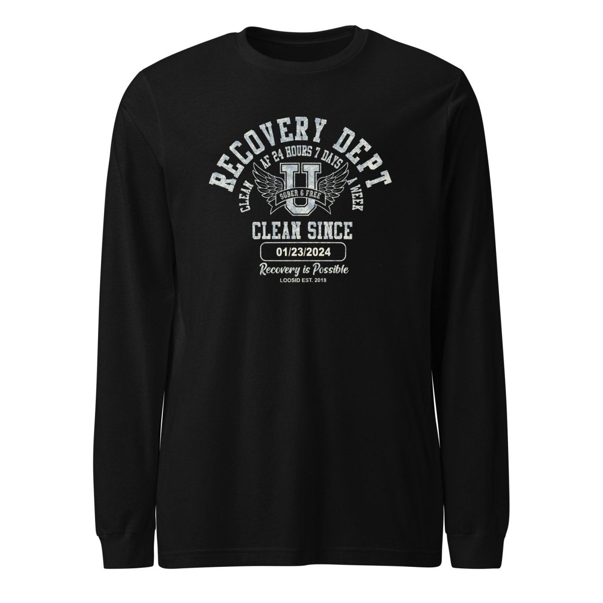 Recovery Dept 24 7 Long Sleeve Sober T Shirt flat lay styled image (view 3)