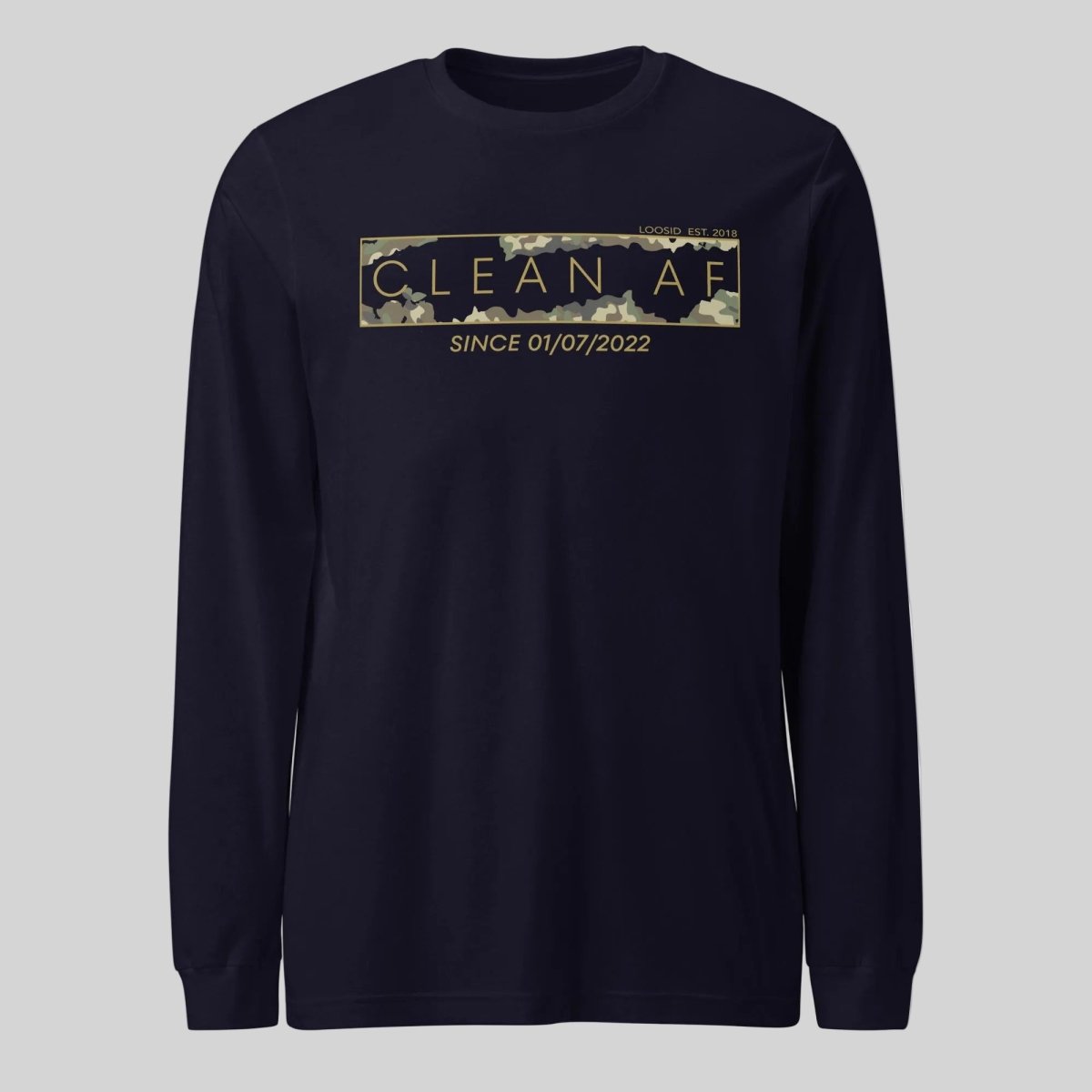 Clean AF Camo Long Sleeve Sober T Shirt back view (view 7)