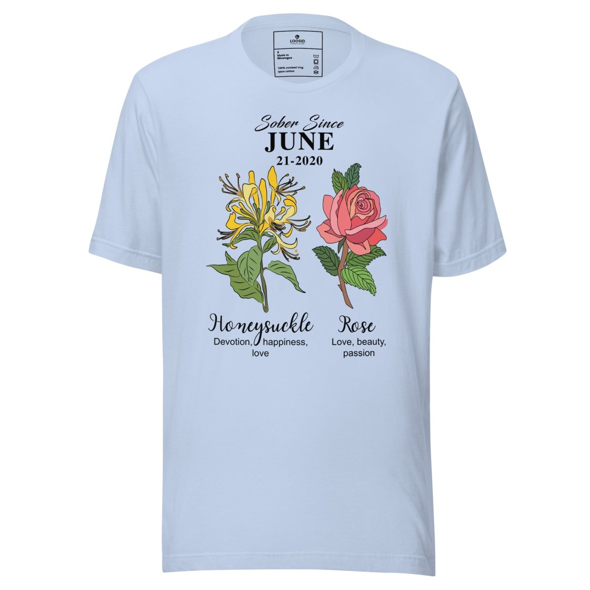 Sober Since Monthly Flower Tee Personalized with Your Sober Date Sober T Shirt back view (view 7)