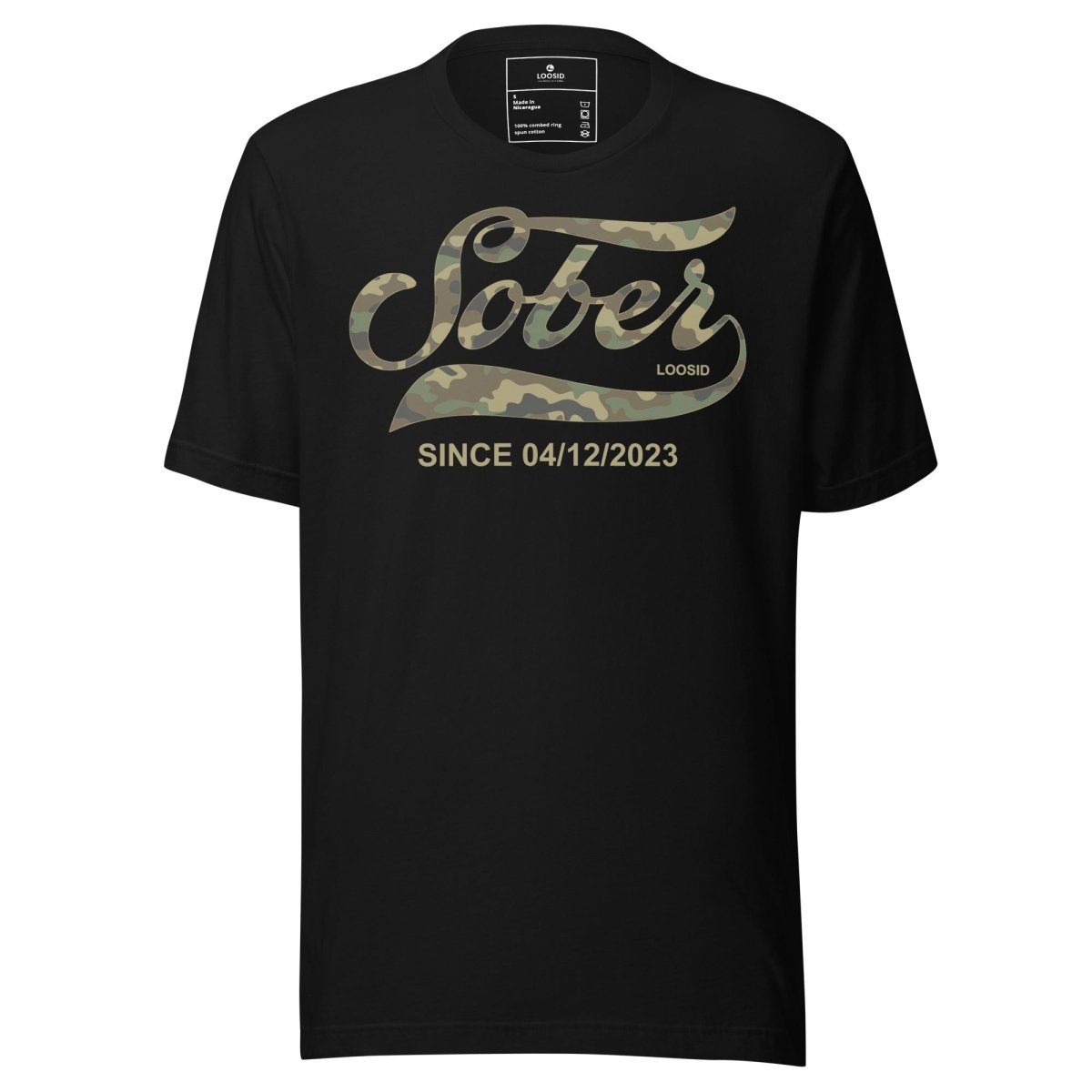 Sober Since Camo Sober T Shirt flat lay styled image (view 3)