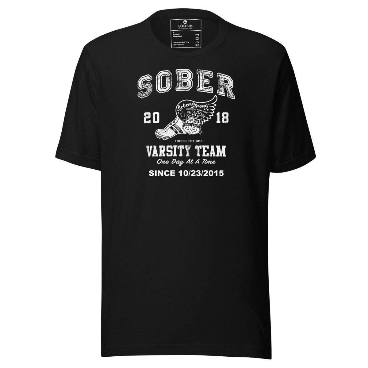 Sober Varsity Sober T Shirt flat lay styled image (view 3)