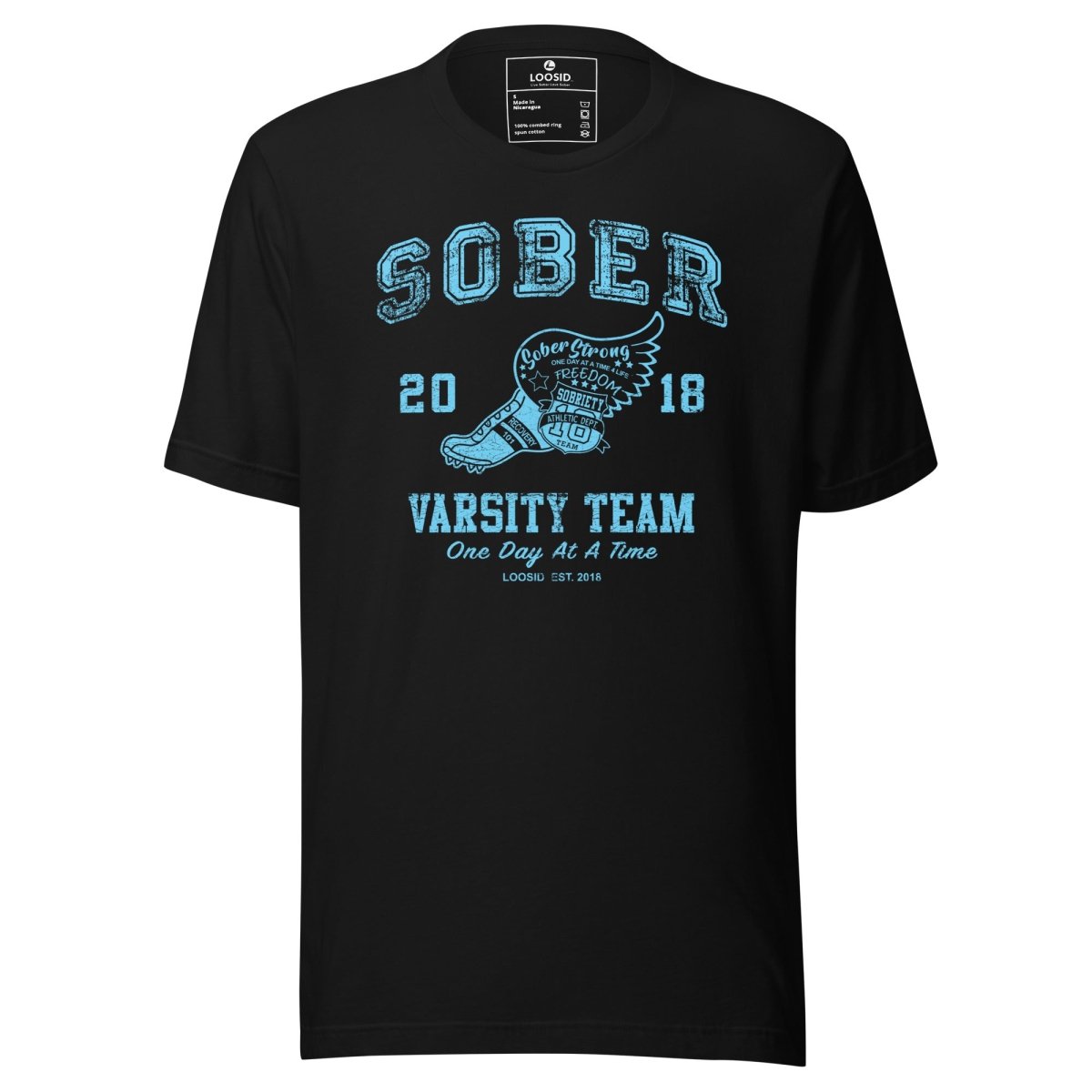 Sober Varsity Team Sober T Shirt flat lay styled image (view 3)