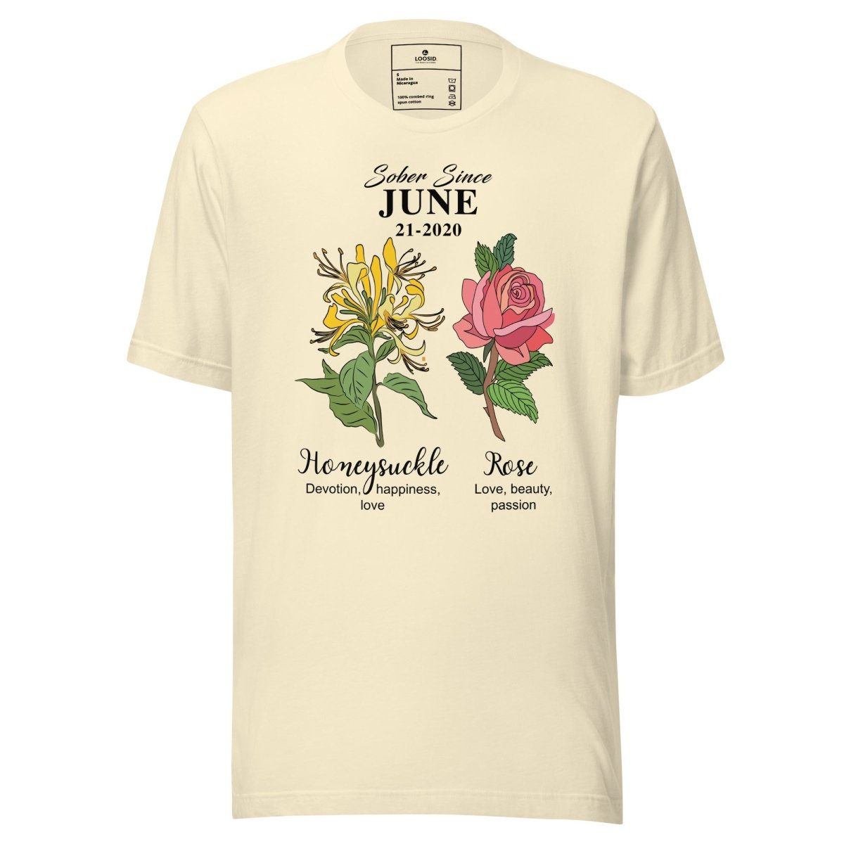 Sober Since Monthly Flower Tee Personalized with Your Sober Date Sober T Shirt close-up view (view 12)
