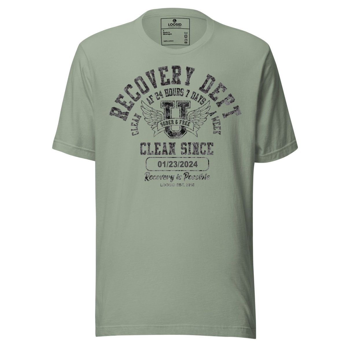 Clean Since Sobriety Sober T Shirt flat lay styled image (view 3)