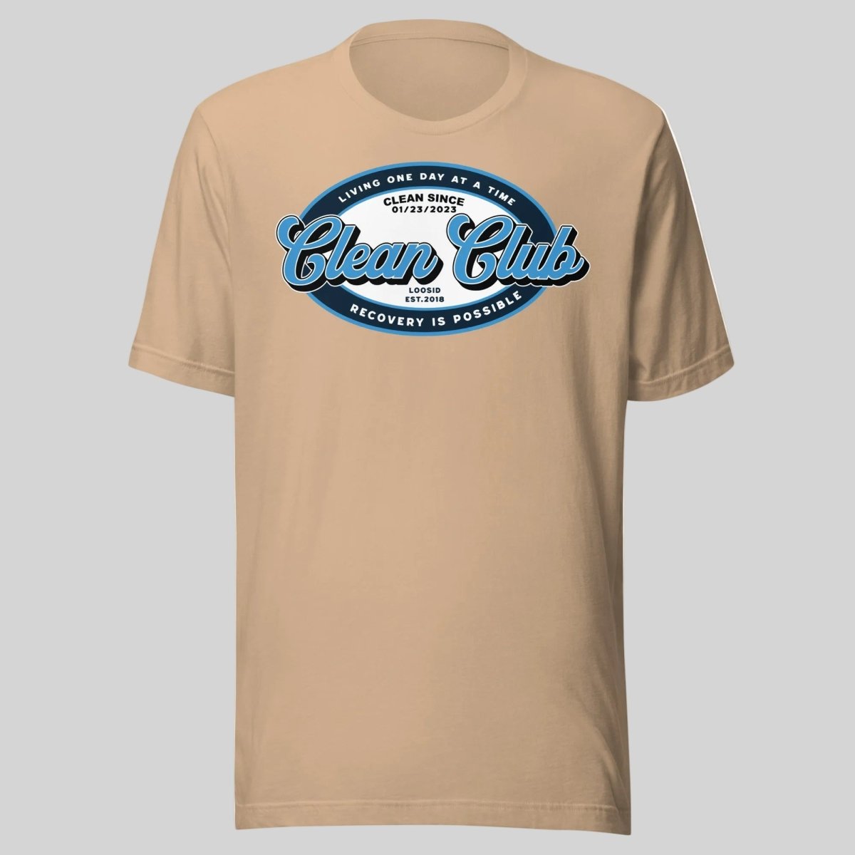 Clean Club Badge Unisex with Custom Recovery Sober T Shirt back view (view 17)